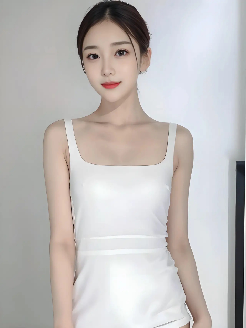 窈窕淑女 身材苗条皮肤白, 眉毛弯弯笑颜开.