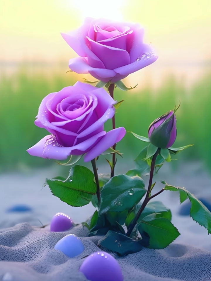 清晨的露珠,伴着温柔的晨光,两朵娇艳的紫玫瑰在沙滩上静静绽放,记录