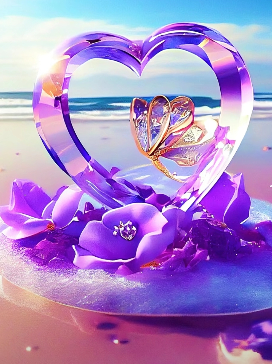 心形的浪漫,两朵紫色玫瑰的深情告白,就在这梦幻海滩上,仿佛海浪也为