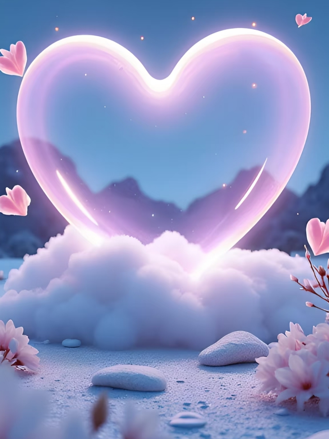 心形的云朵,飘落的花瓣,构成了一幅梦幻的画面