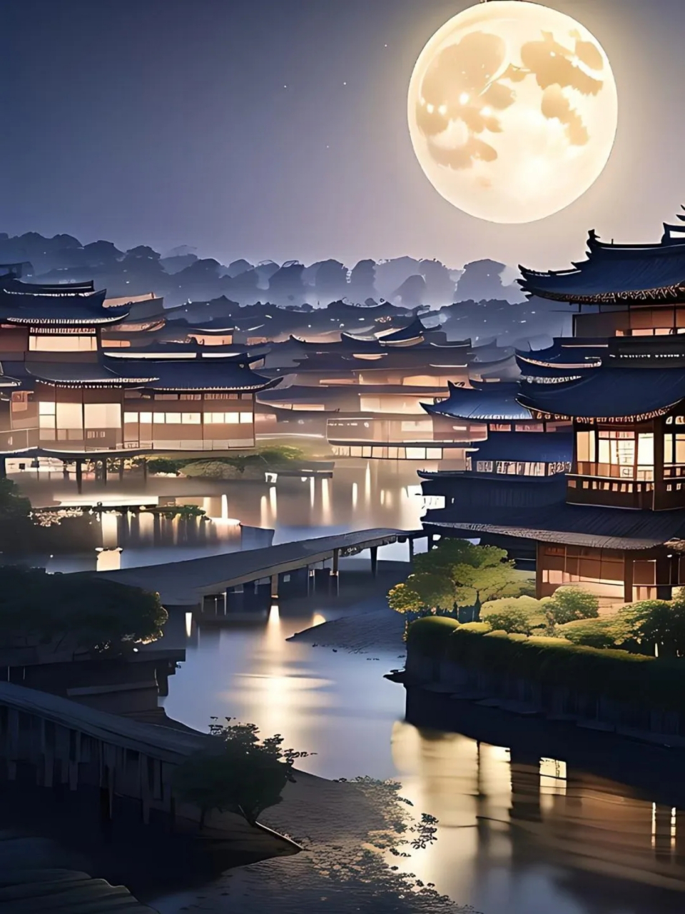 静谧的夜晚,银色的月光,繁星点点,闪亮的灯光,形成一道美丽的风景