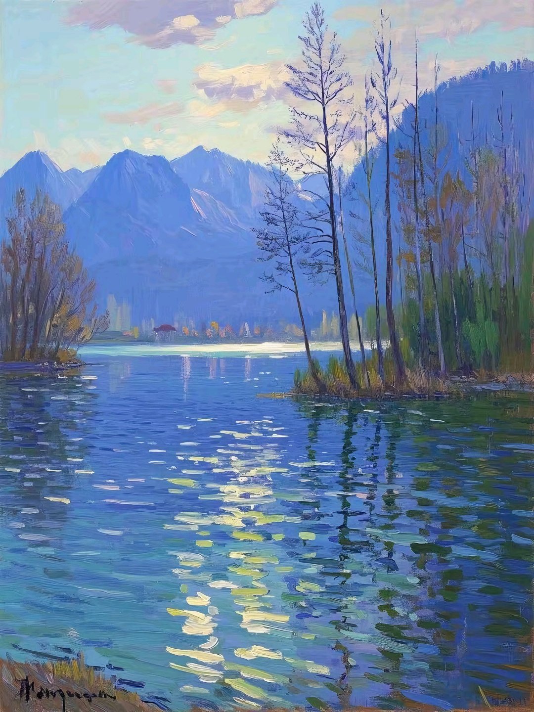 莫奈风格,印象派油画《瓦尔登湖》