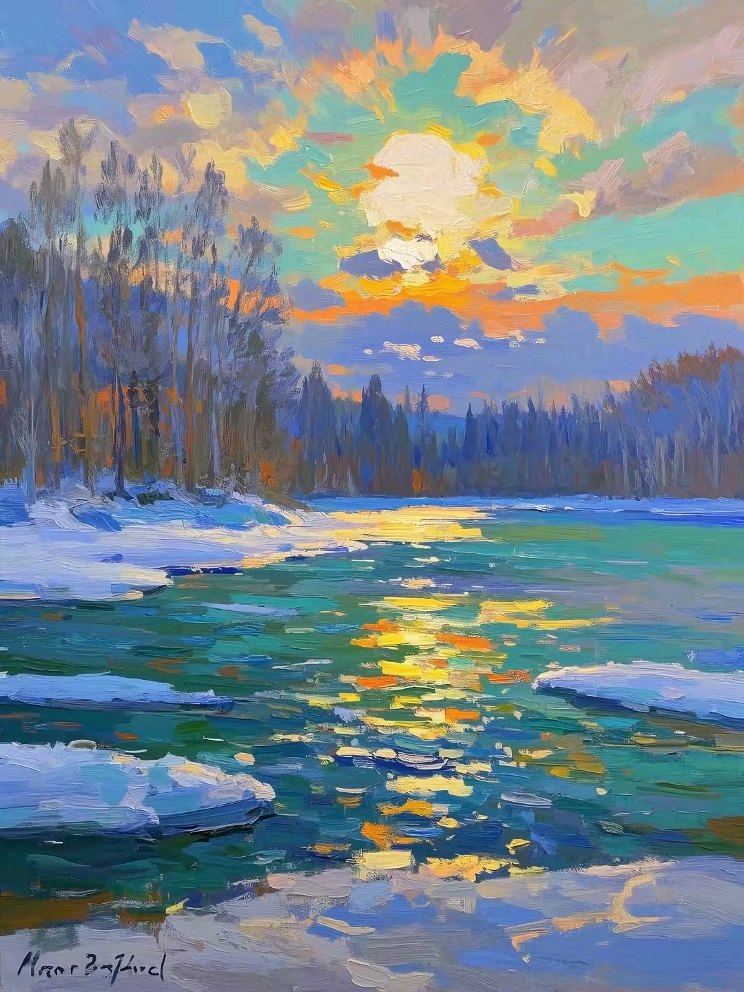 莫奈风格,印象派油画《瓦尔登湖》