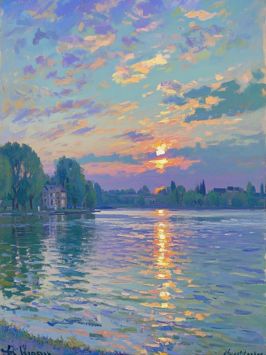 莫奈风格,印象派油画《湖光·晚霞》