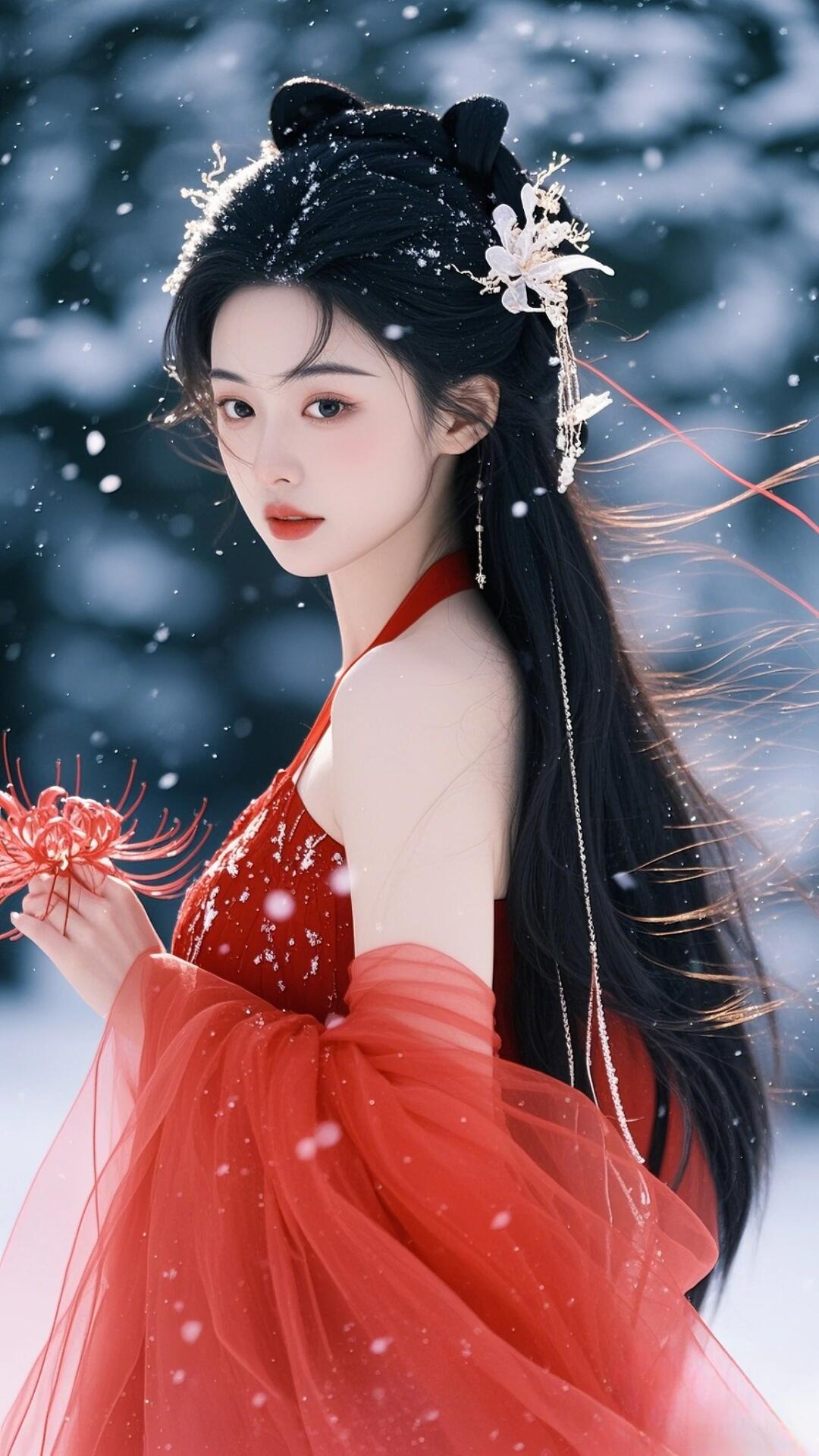 一袭红衣,踏雪寻梅,有种惹人怜爱的美