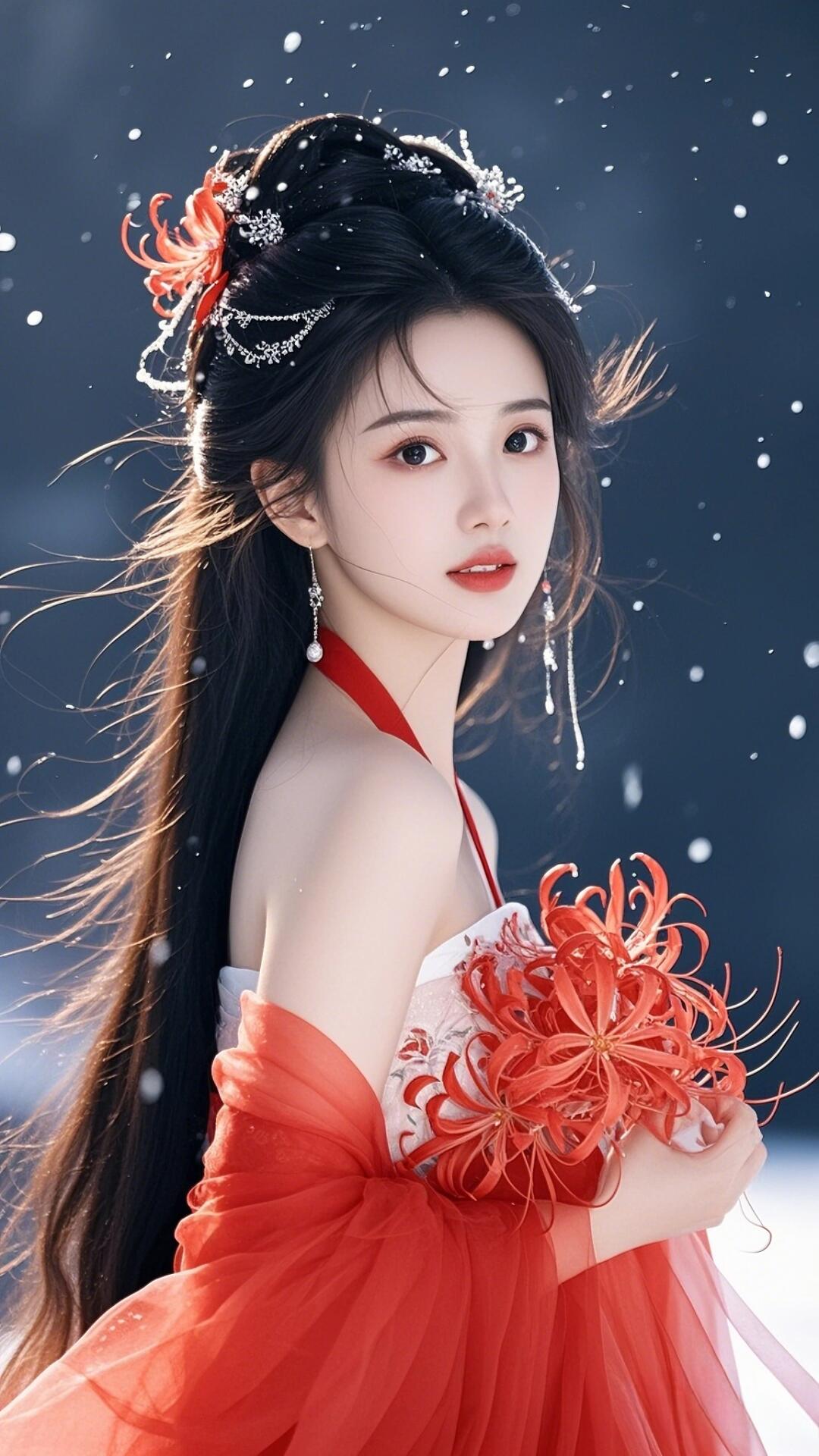 一袭红衣,踏雪寻梅,有种惹人怜爱的美