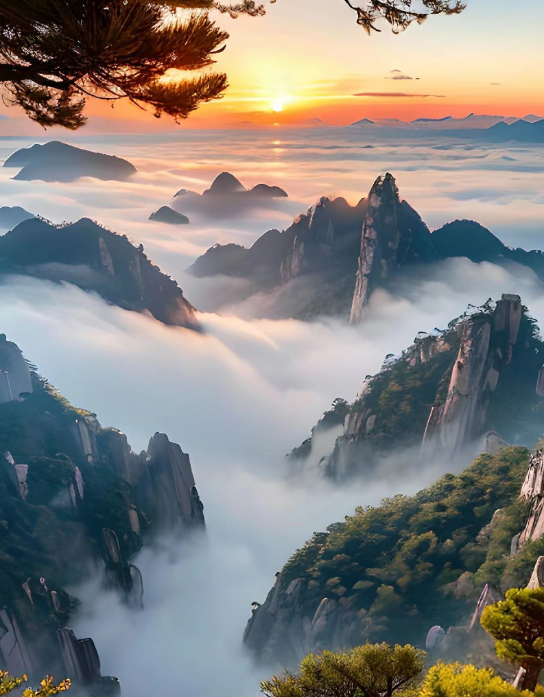 黄山之巅,日出如画93.晨光洒满群山,云海翻腾,仿佛置身仙境.