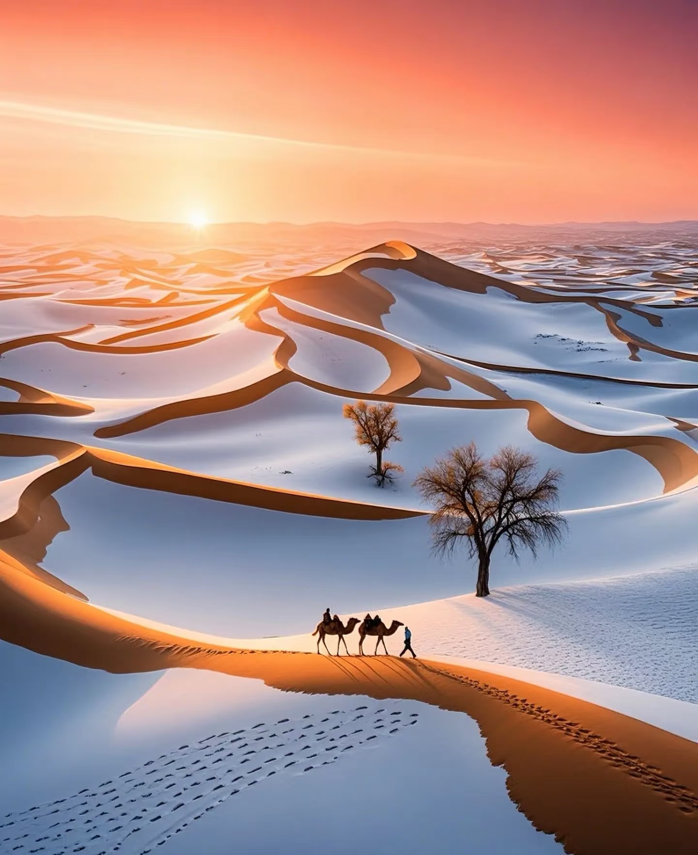 广袤无垠的沙漠在夕阳余晖下泛着金色的光,几头骆驼悠然漫步其中