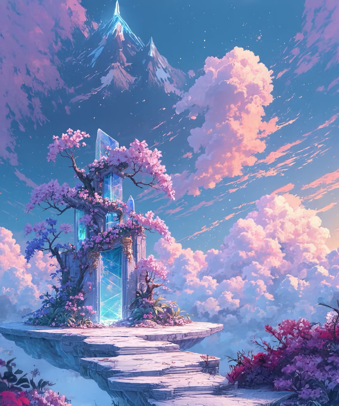 瑶台被粉白相间的花环簇拥,宛如梦幻之境