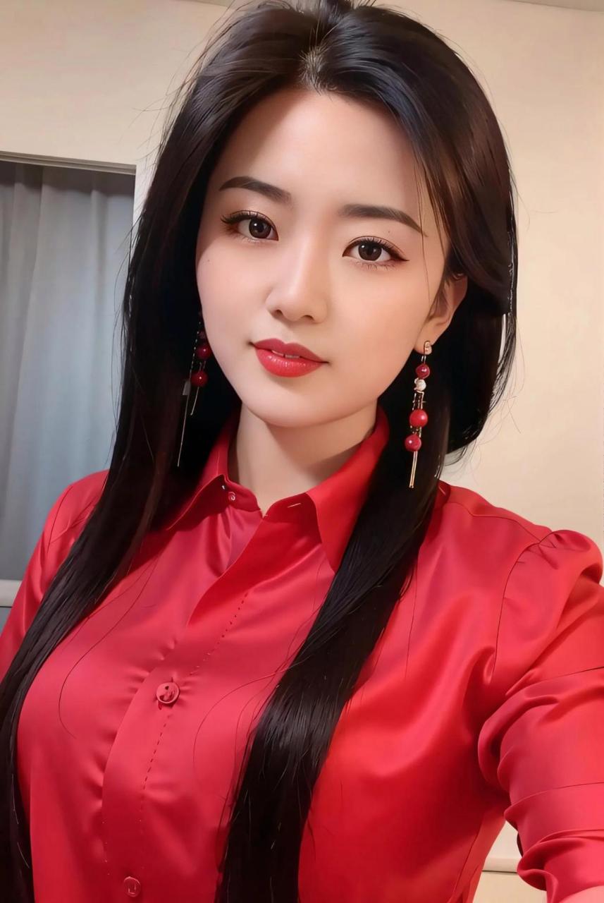 红衣佳人,笑靥如花,一袭红衬衫明媚照人,妆容精致,红唇鲜艳,长发披肩