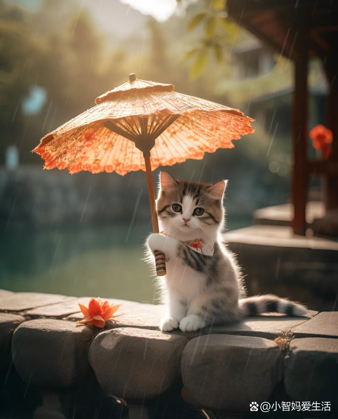 雨滴打在纸制雨伞上,仿佛敲击着心灵的旋律