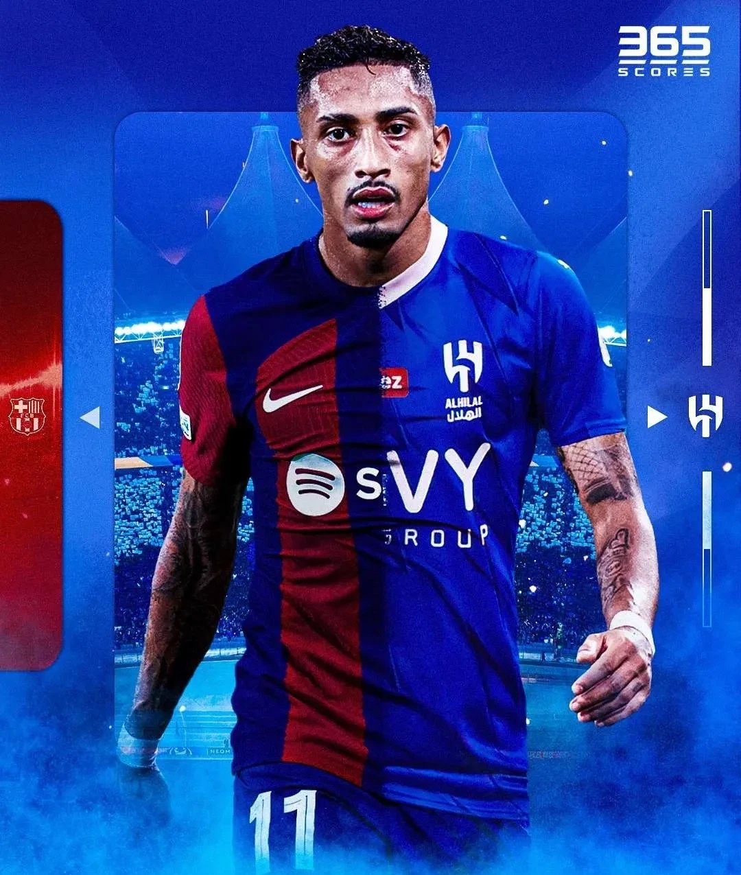 《365scores》爆料,沙特联赛利雅得新月为巴萨的28岁巴西球星拉菲尼亚