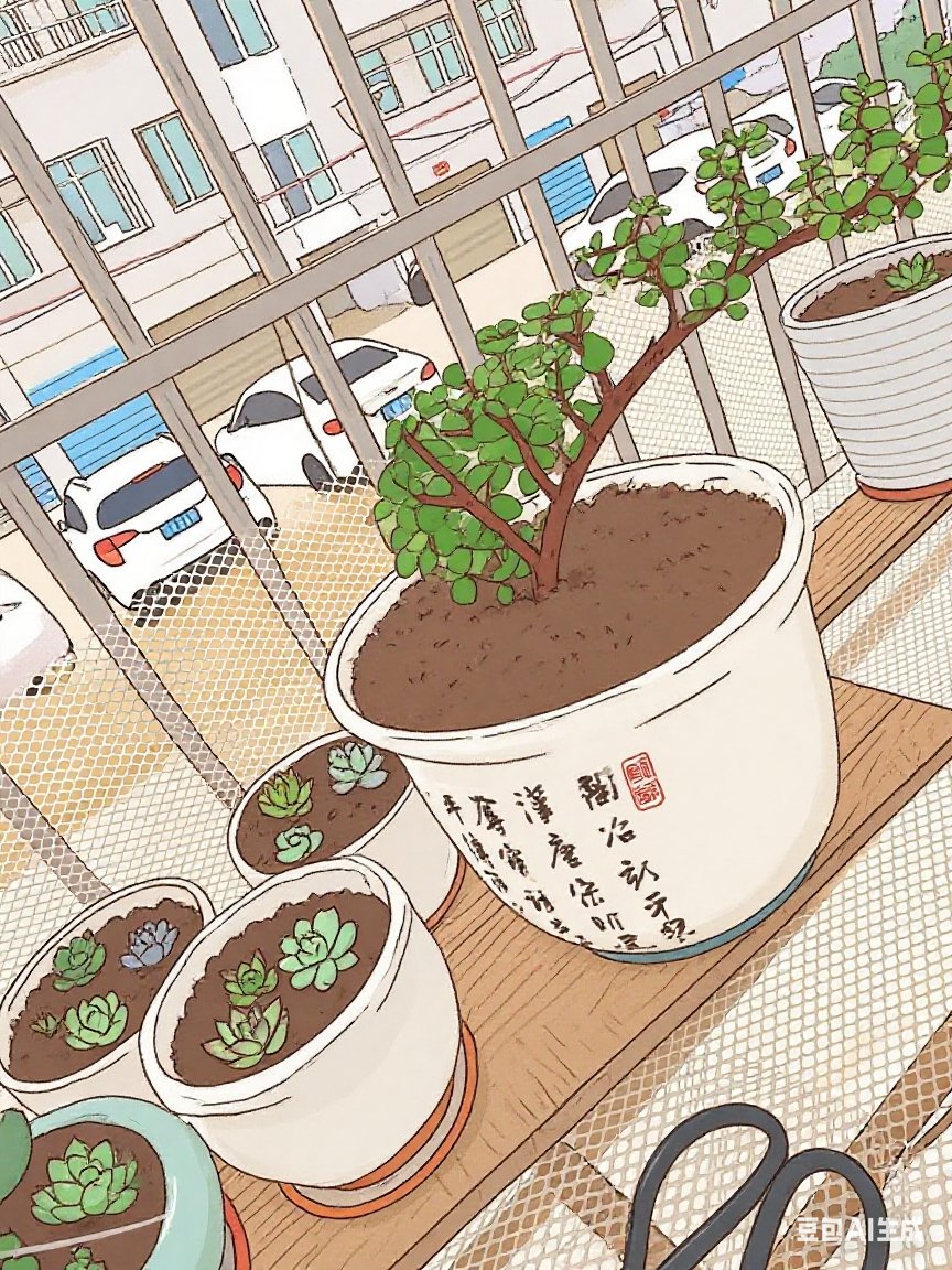 金枝玉叶在大盆里伸展枝桠,旁边多肉们挤挤挨挨