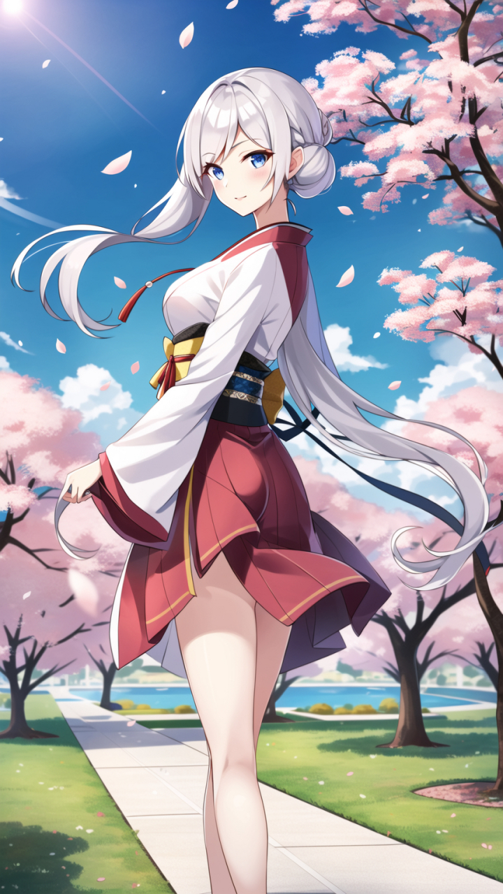 一位白发少女,和服轻裹,立于樱树下
