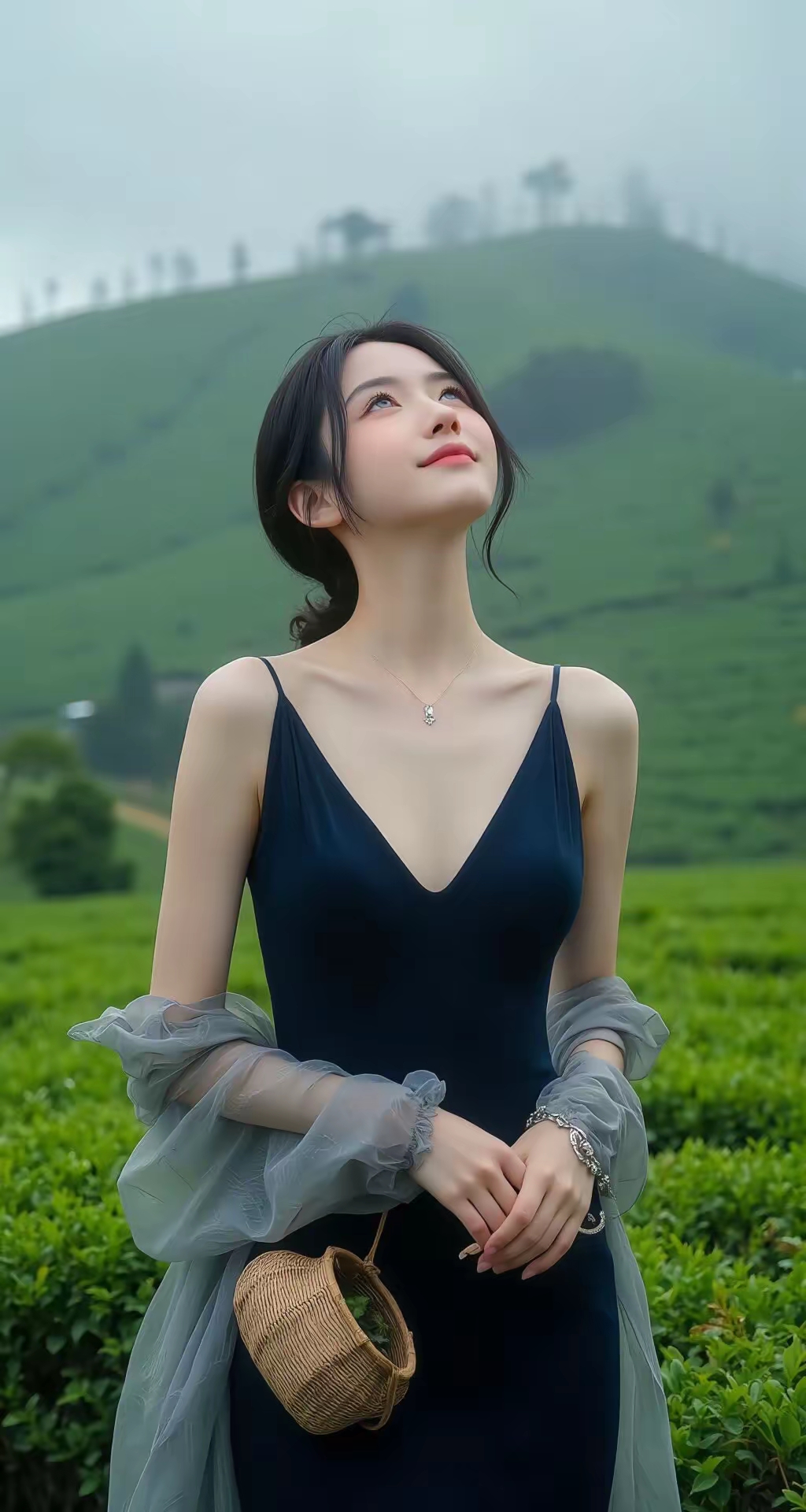 春茶初醒,采茶女一袭蓝裙翩跹于翠谷之间