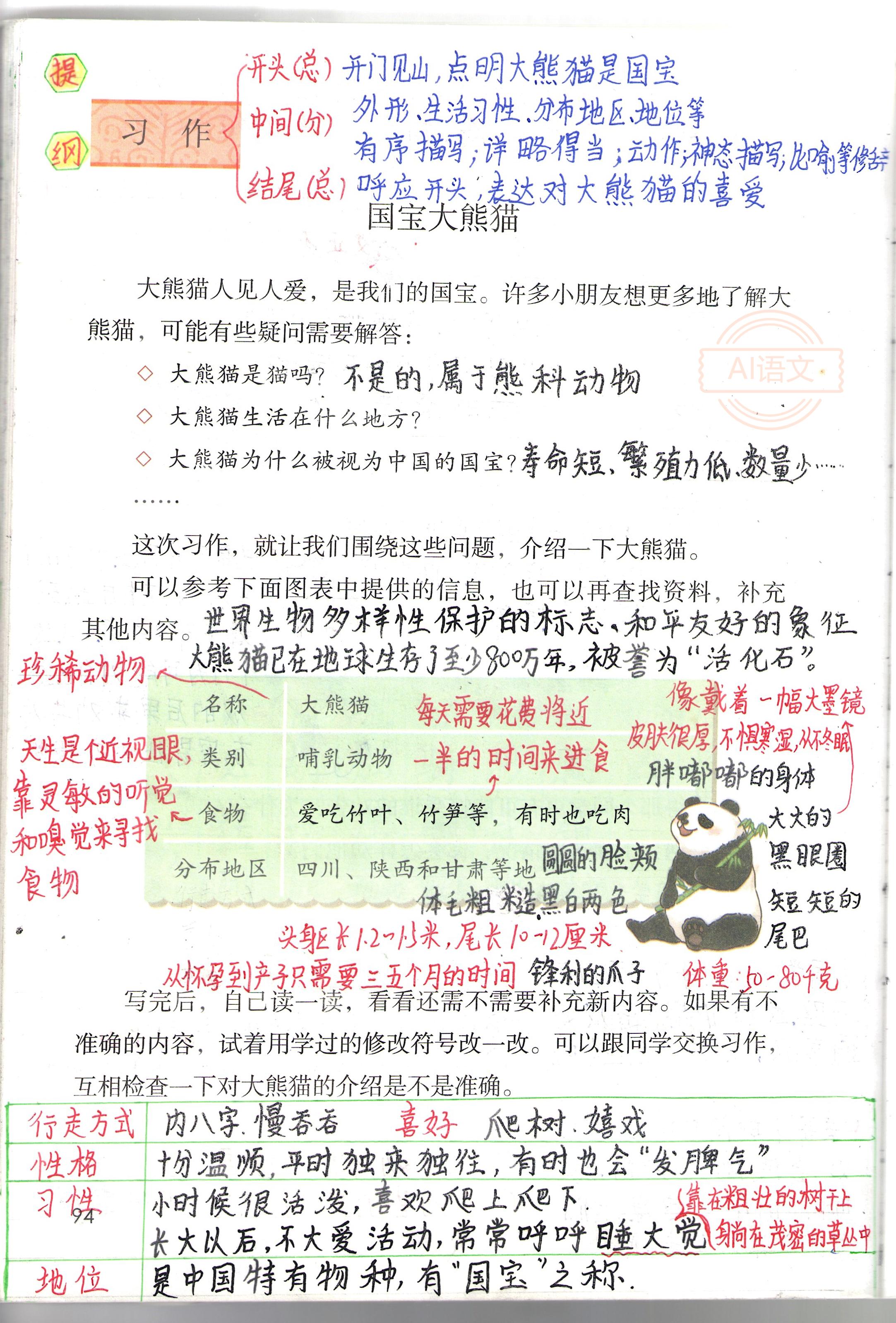 《国宝大熊猫》备课笔记,包含好词佳句,好开头,好结尾,写作提纲参考