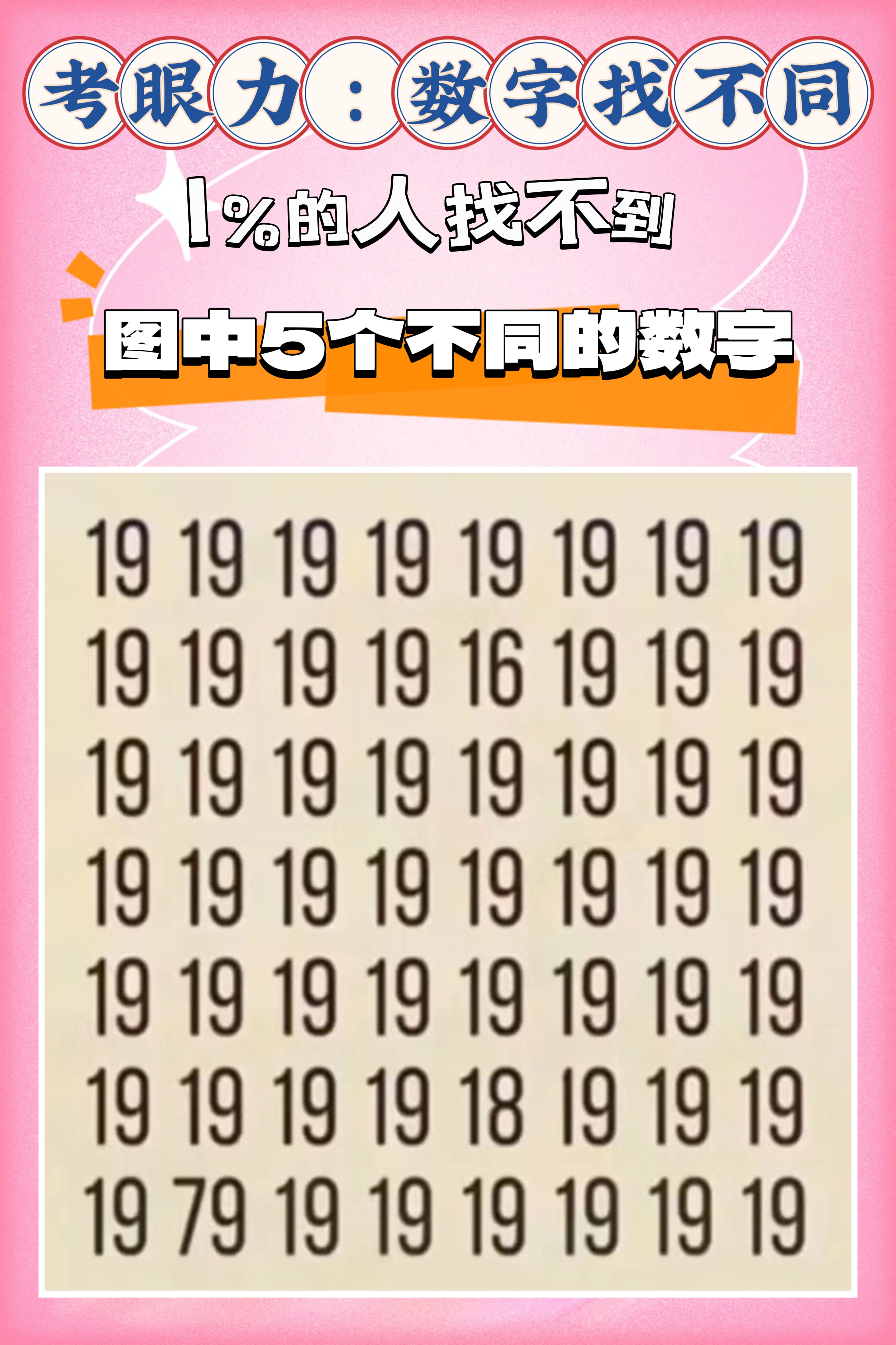 图中显示清晰明了,可据说还是有1%的人只能找到3个不同的数字.  你呢?