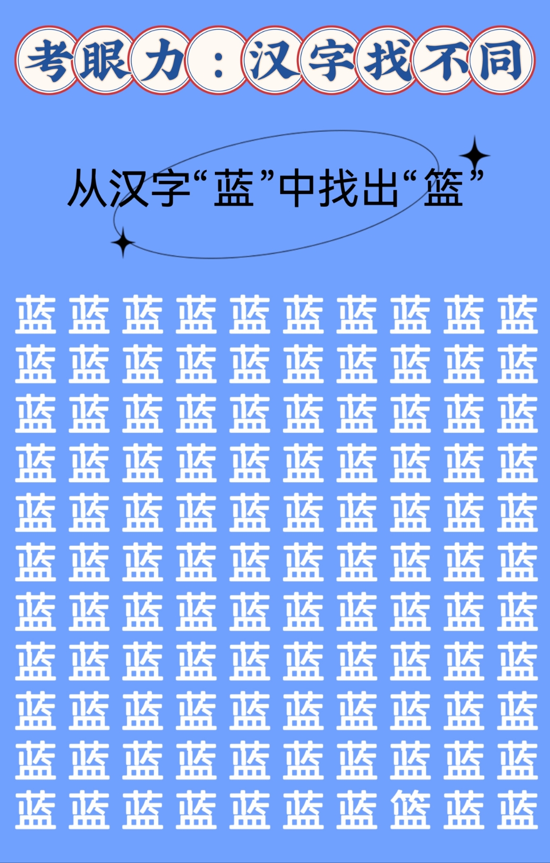 今日汉字找不同的挑战目标是:从汉字"蓝"中找出"篮".