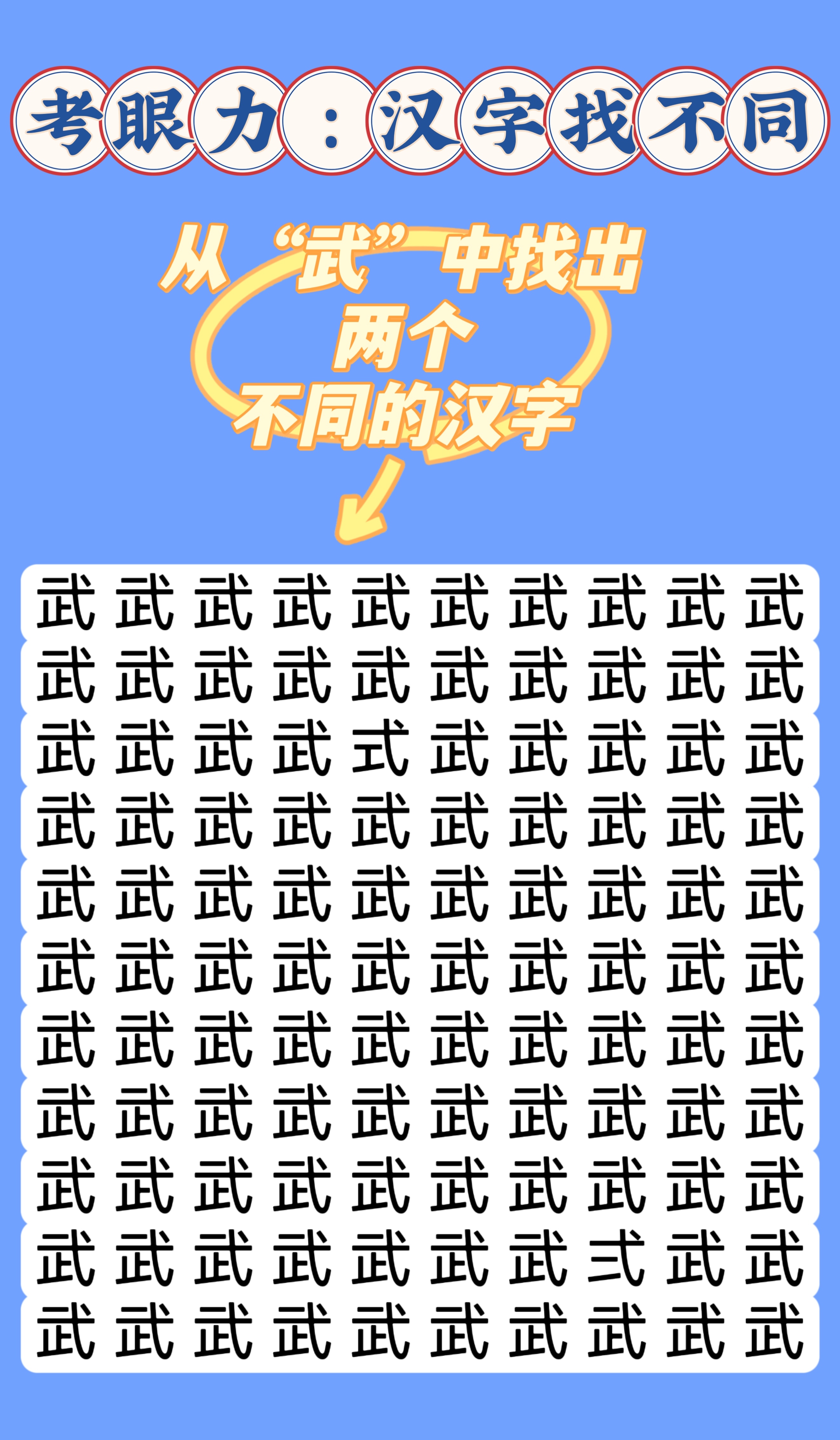 ​ ​今天汉字找不同的挑战目标是:从汉字"武"中找出两个不同的