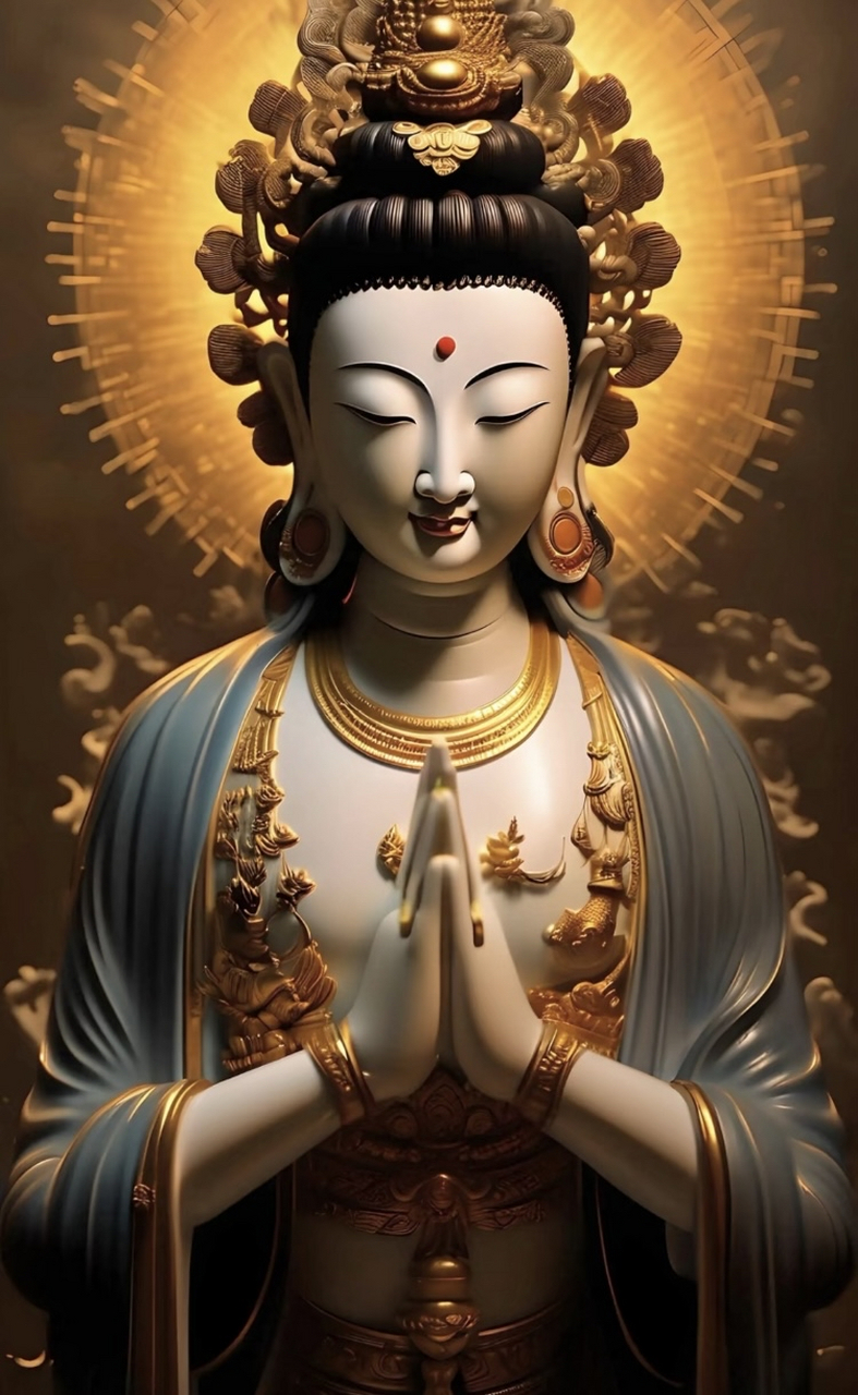 观音菩萨,身穿金衣,头戴宝冠,双手合十,祈祷着世界的和平与美好.