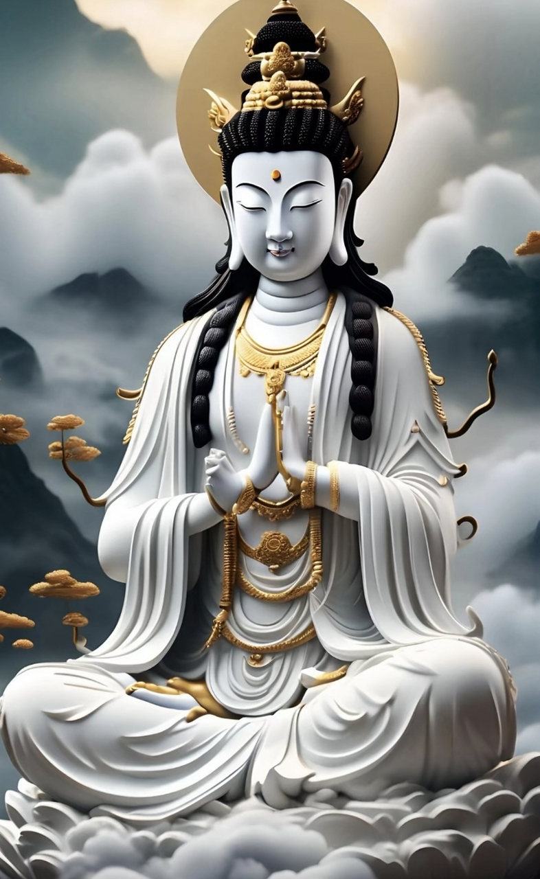 观音菩萨,身穿金衣,头戴宝冠,双手合十,祈祷着世界的和平与美好.