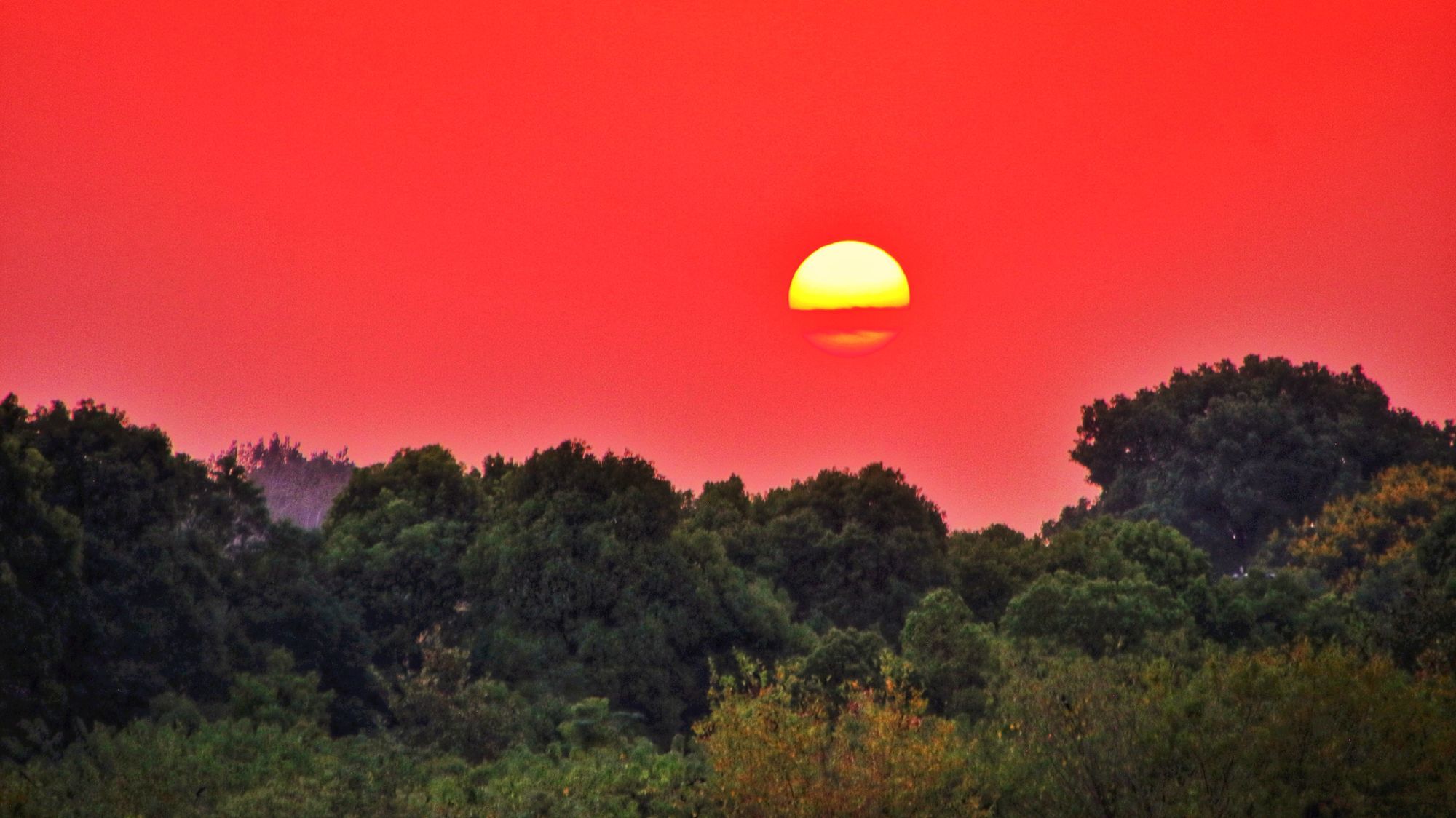 当我来到八岭山的八宝水库时,天边那一轮夕阳已慢慢变得通红通