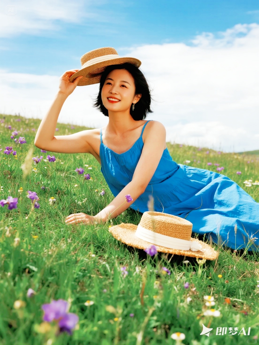 美女一早便投身这天然画卷蓝天如洗白云悠悠五彩野花肆意绽放