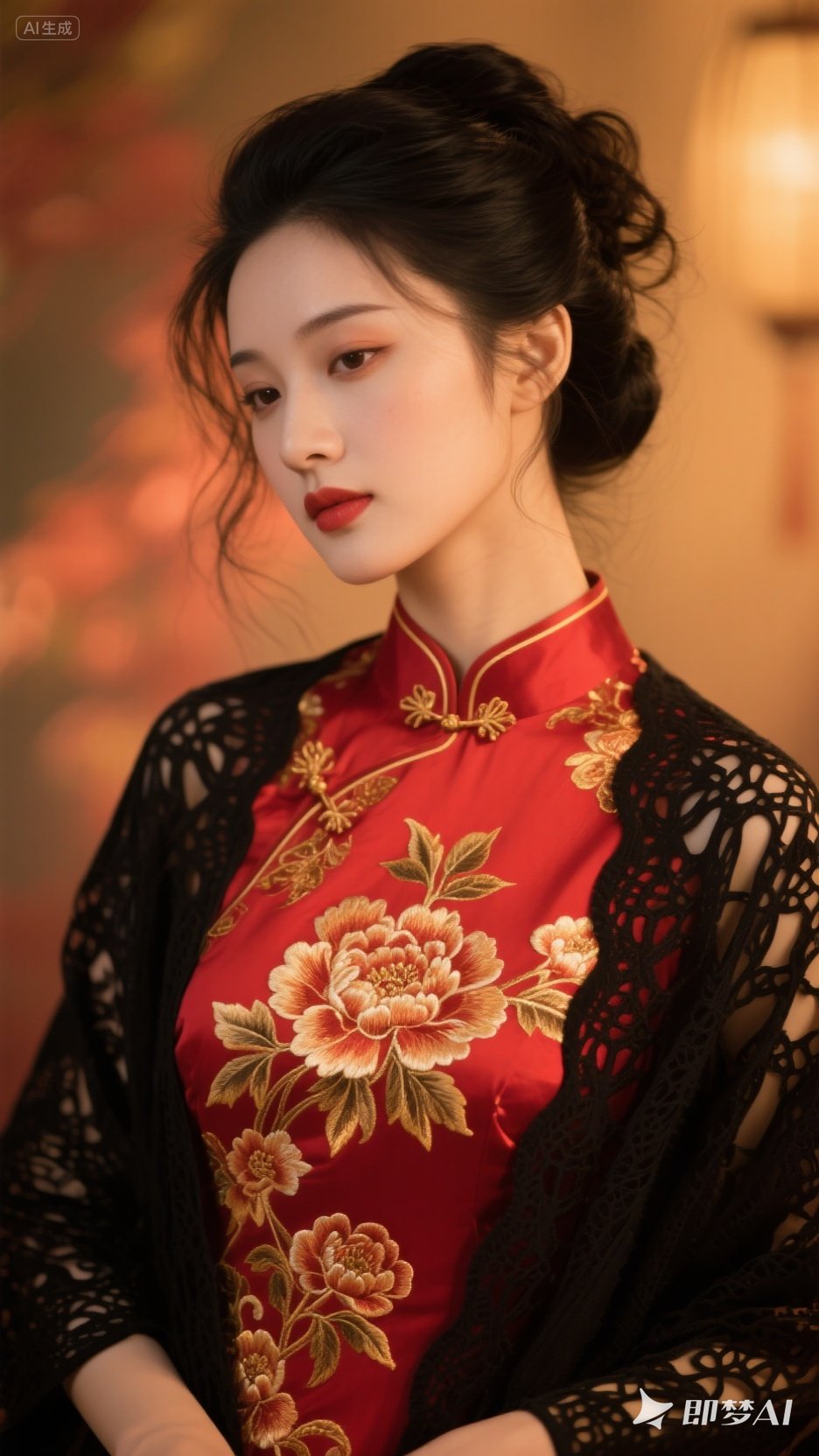 红色金丝牡丹刺绣旗袍勾勒出曼妙身姿,黑色镂空披肩轻搭肩头,更显神秘