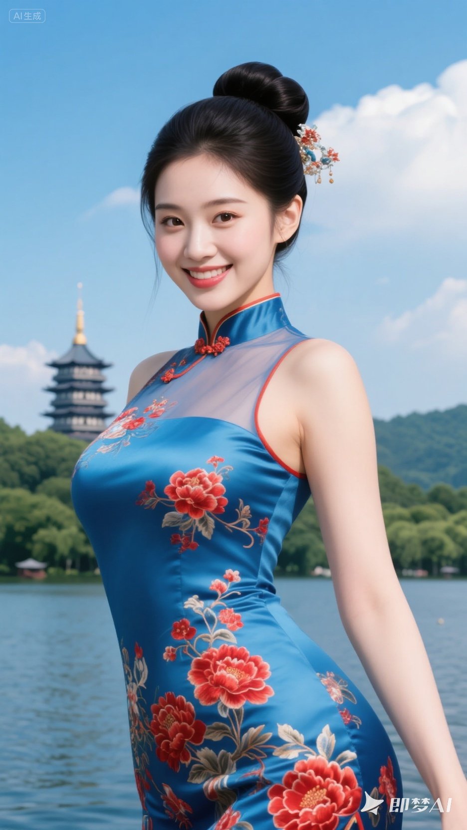 杭州西湖畔,蓝天白云映衬下,一位丰满丰腴的中国美少女亭亭玉立