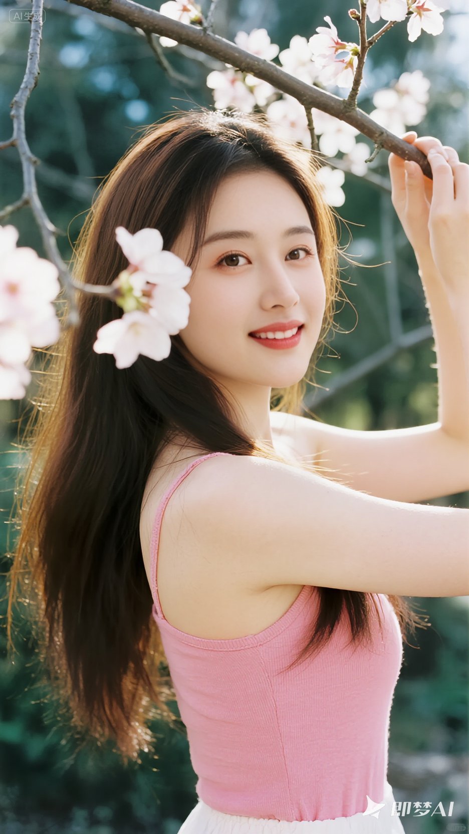 年轻女孩置身桃花林,身着粉色夹层吊带,双臂纤细白皙如玉