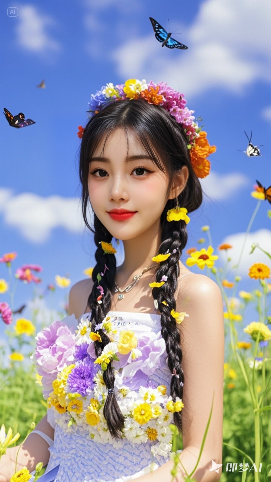 跳跳闯入这画面,她好奇地追逐着蝴蝶,笑声如银铃般清脆,为这自然美景