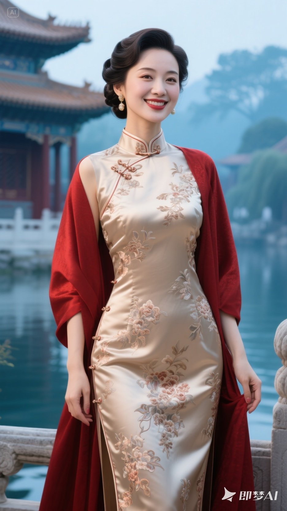 现代中式贵妇身着卡其色水晶丝绸刺绣旗袍,暗红披肩添华贵,盘发优雅