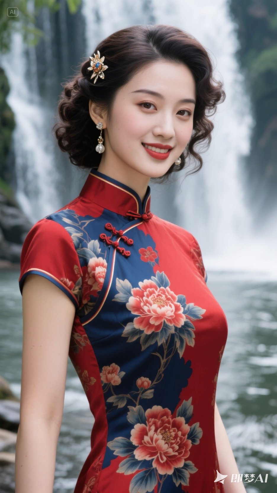 中国美人身着幽蓝红印花底民国风半袖旗袍,左襟牡丹绽放,微卷中发别着