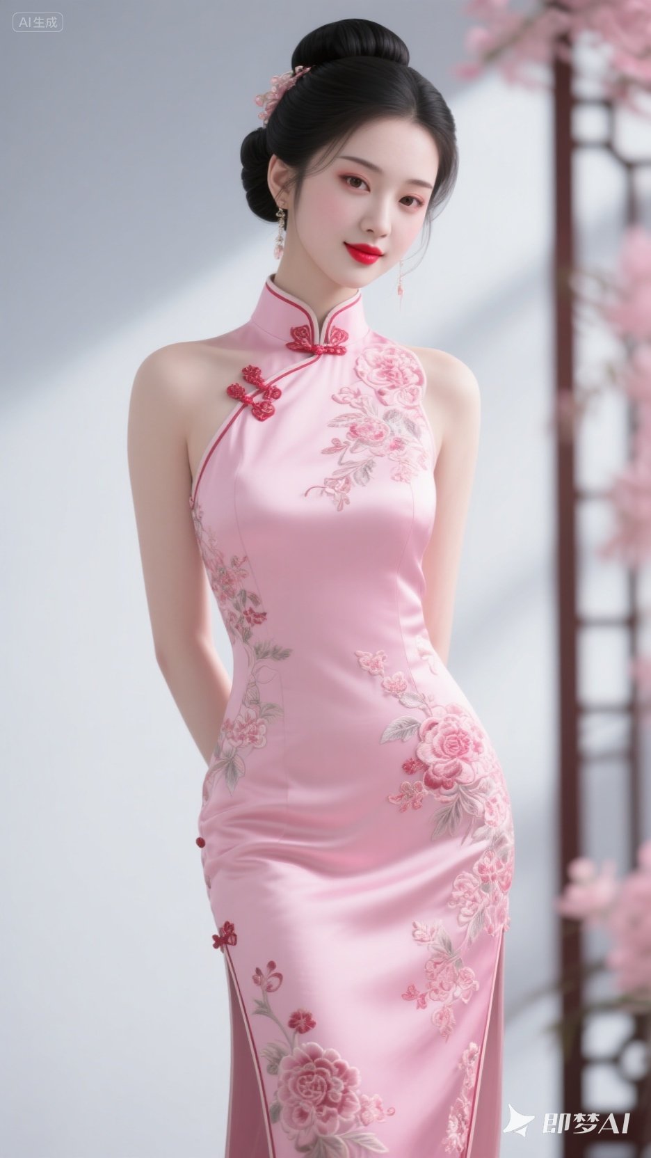 水蜜桃粉色刺绣旗袍旗袍女士写真淡粉色旗袍配什么裤袜粉色旗袍女人