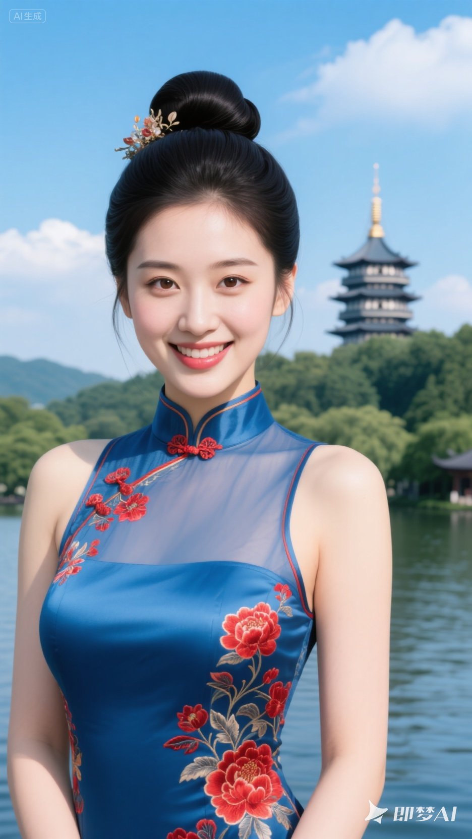 杭州西湖畔,蓝天白云映衬下,一位丰满丰腴的中国美少女亭亭玉立