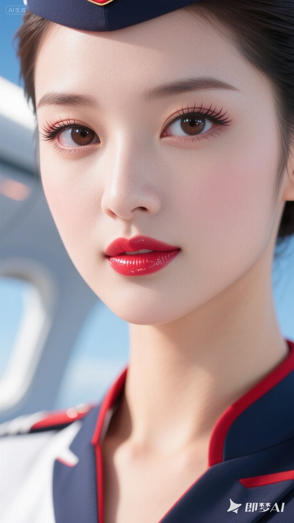 阳光空姐,特定制服勾勒曼妙身姿,高清特写下,大眼双眼皮,红唇水润诱人