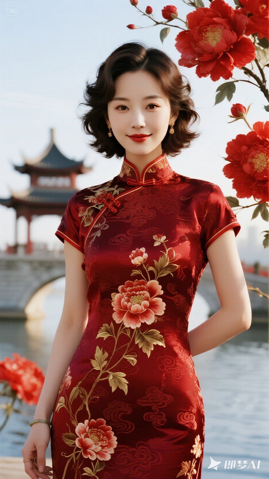 一位美女身着红色旗袍,其上红色牡丹肆意绽放,尽显华贵