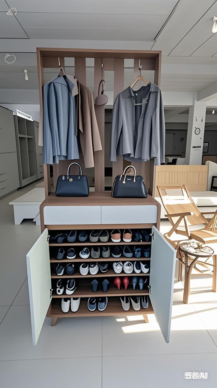 该图片展示的是一个现代化的鞋柜与衣帽架组合家具