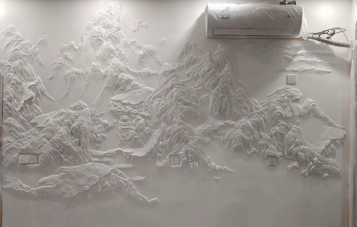 靠山,沙发背景浮雕壁画制作完成