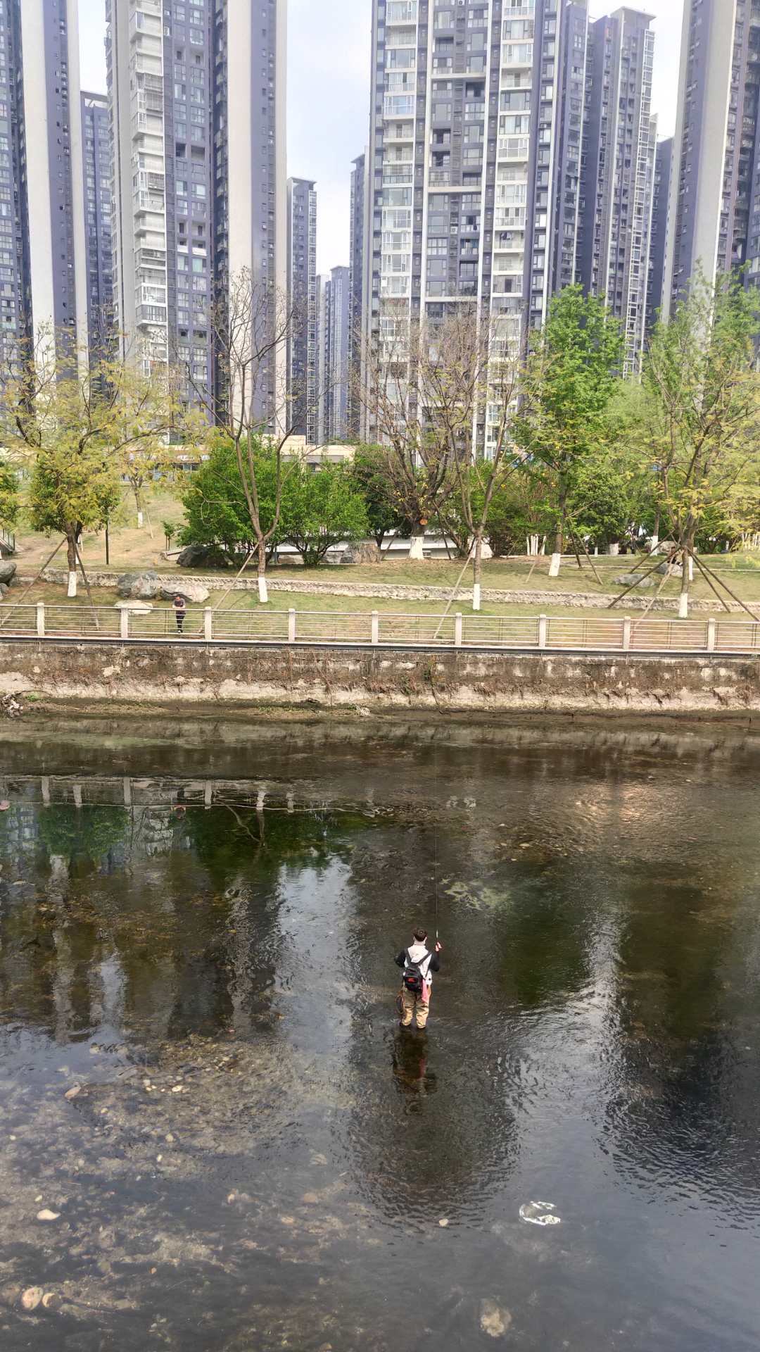 在河中央,一个年轻人正徜徉水里,手拿钓鱼竿,正在水中畅游,它的身影与