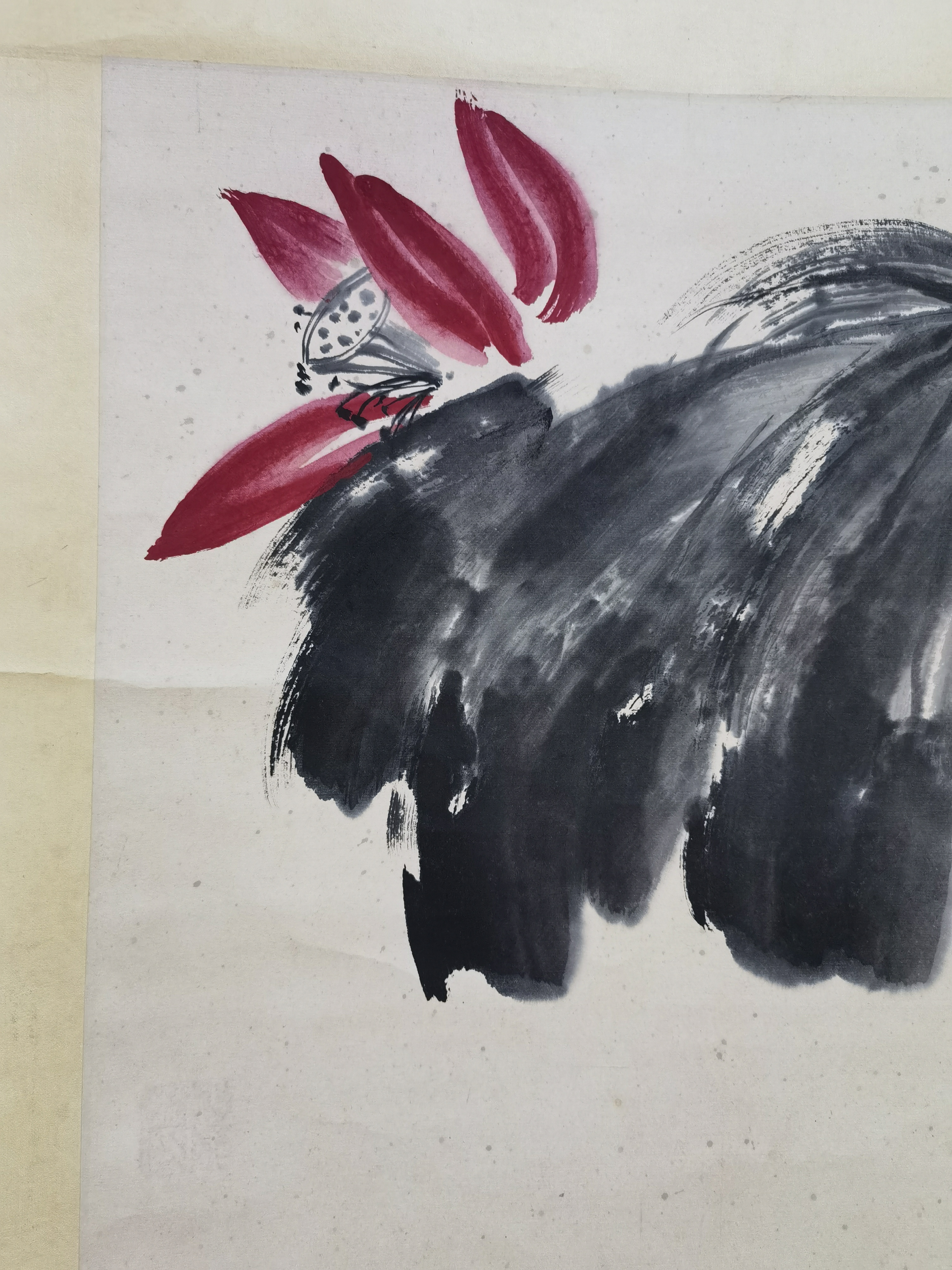 民国61齐白石【墨荷鸳鸯图】:画芯45x68cm,原装旧裱.