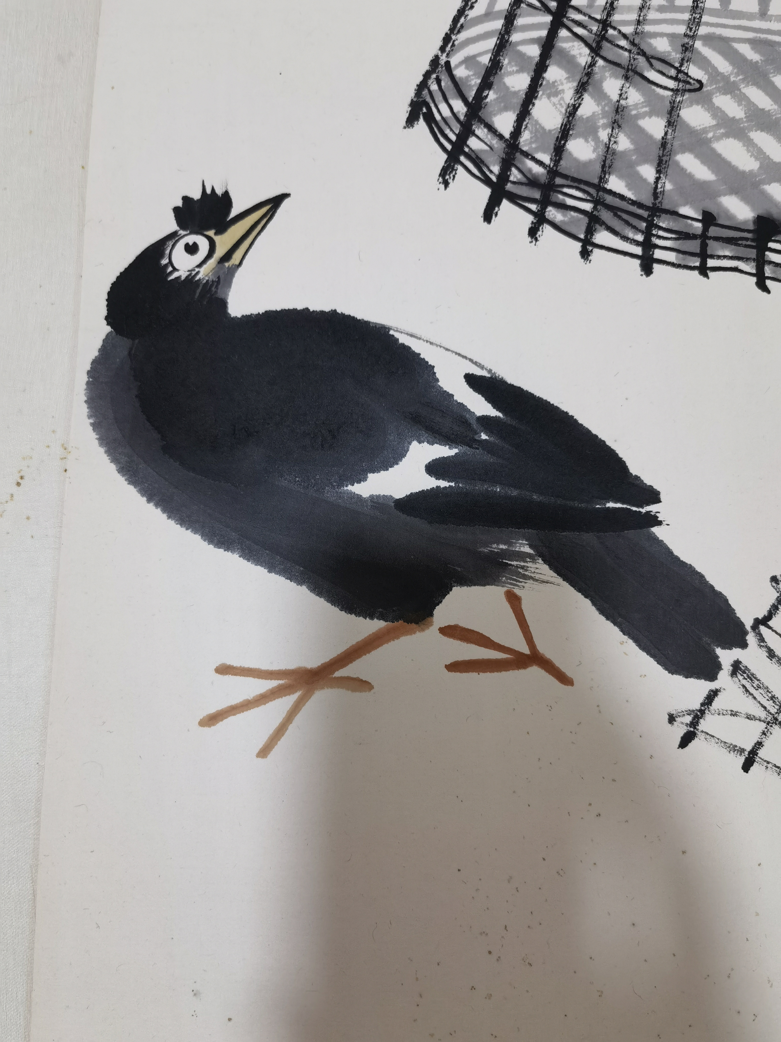 民国61齐白石【鸟笼八哥图】:画芯34x68cm,已裱镜片.