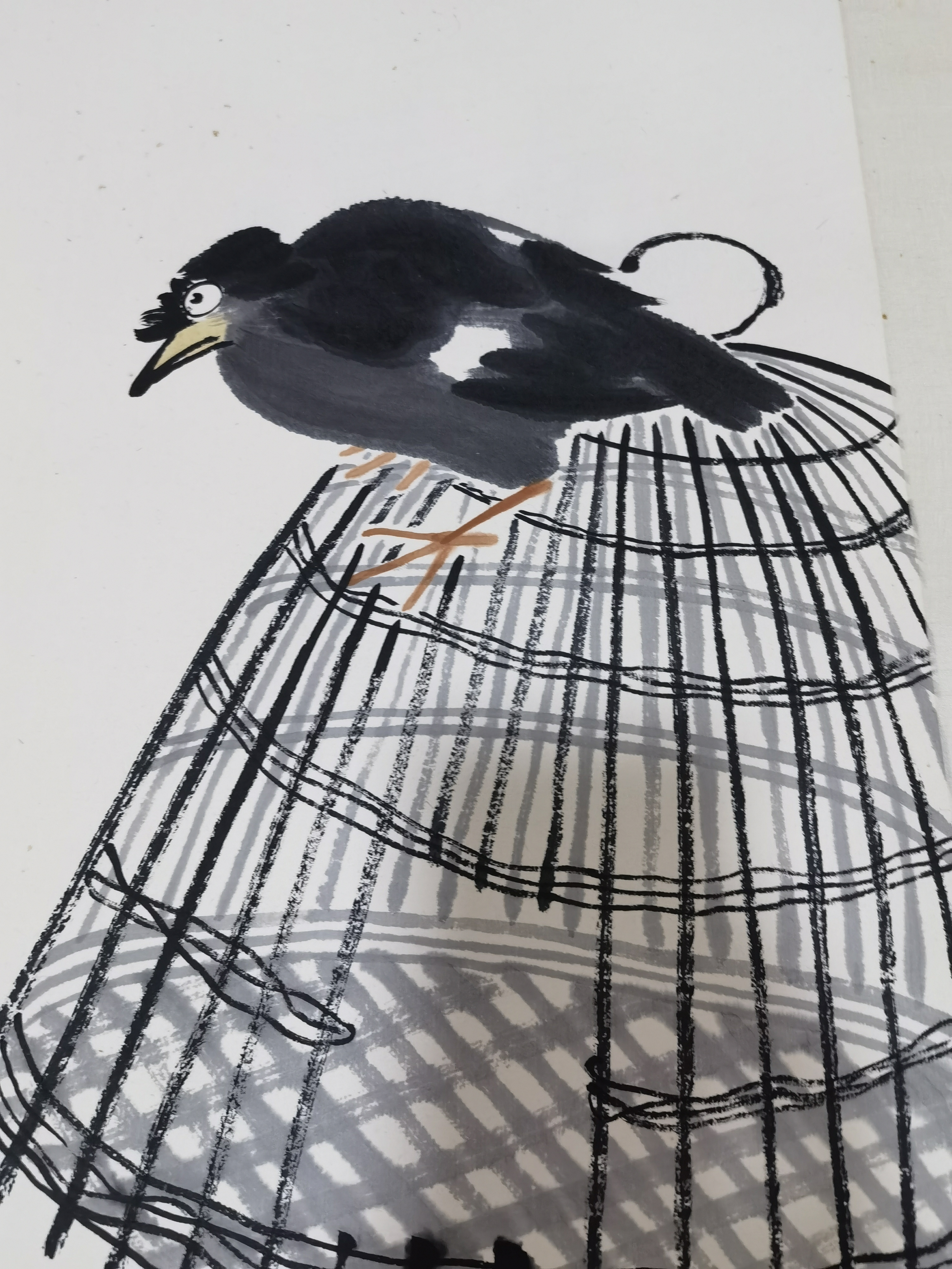 民国61齐白石【鸟笼八哥图】:画芯34x68cm,已裱镜片.