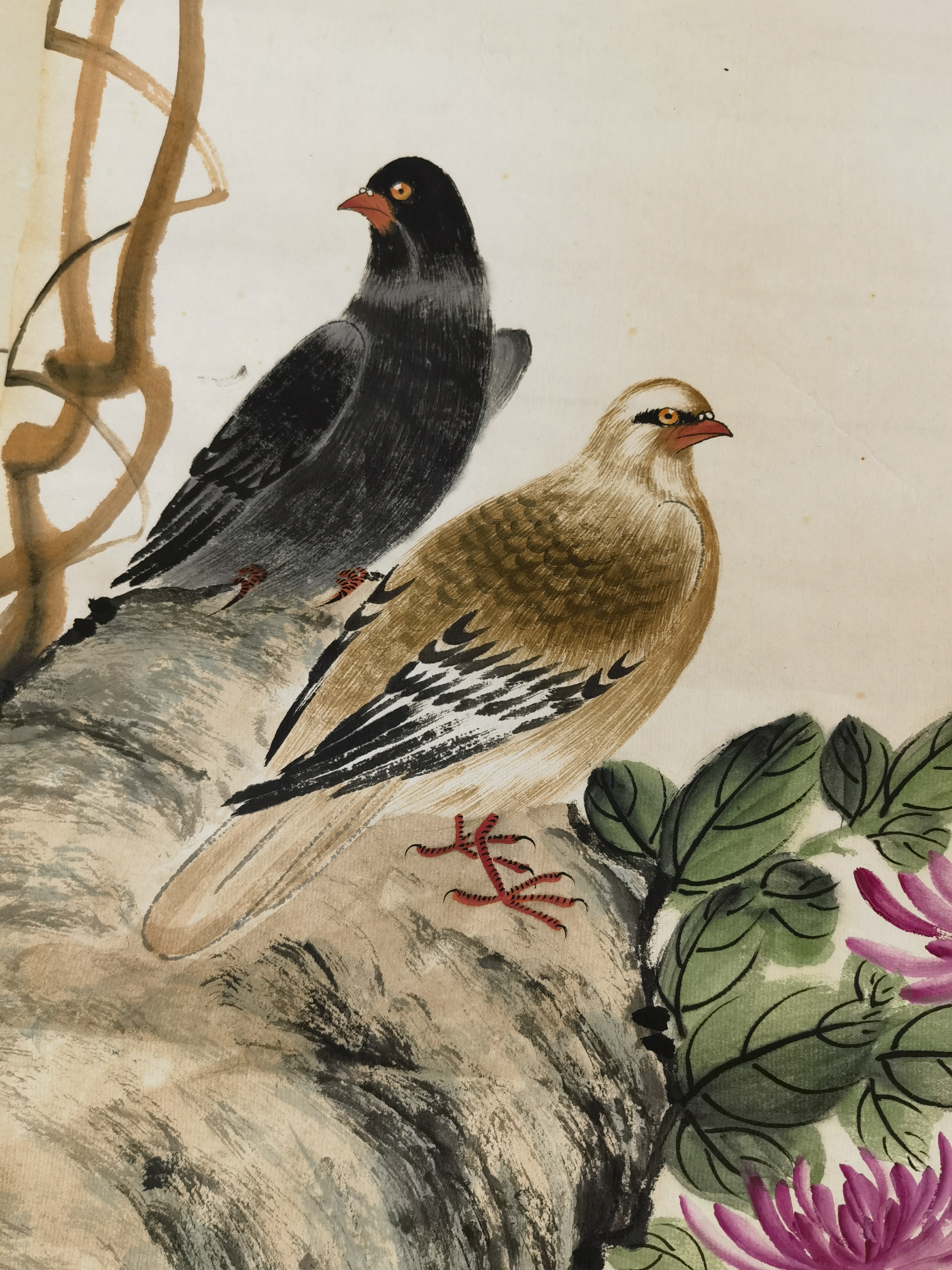 民国61颜伯龙【春意盎然花鸟 四条屏】:画芯35x136cm,老画未裱