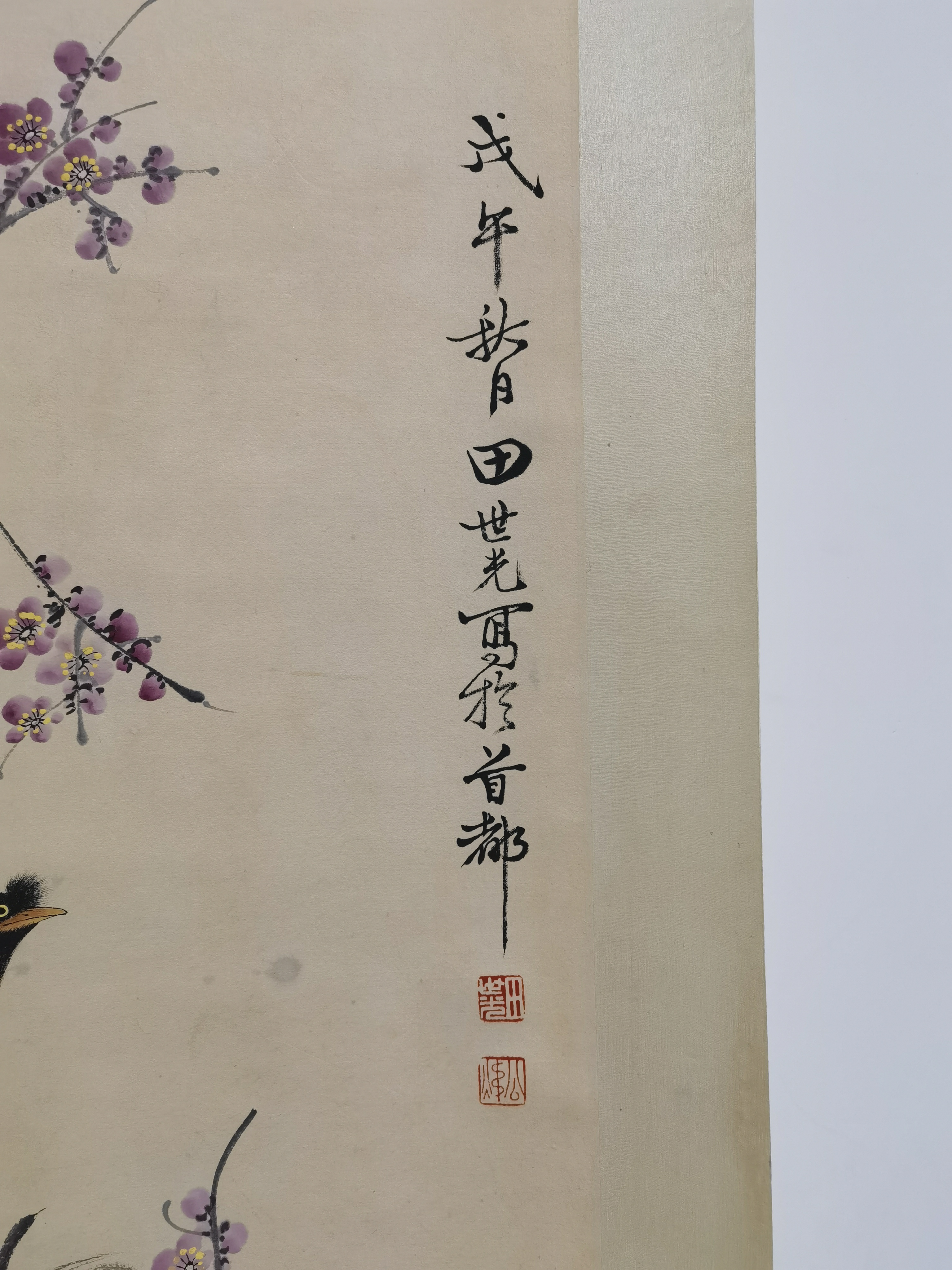 近代61田世光【梅花八哥图】:画芯43x97cm,原装老裱.