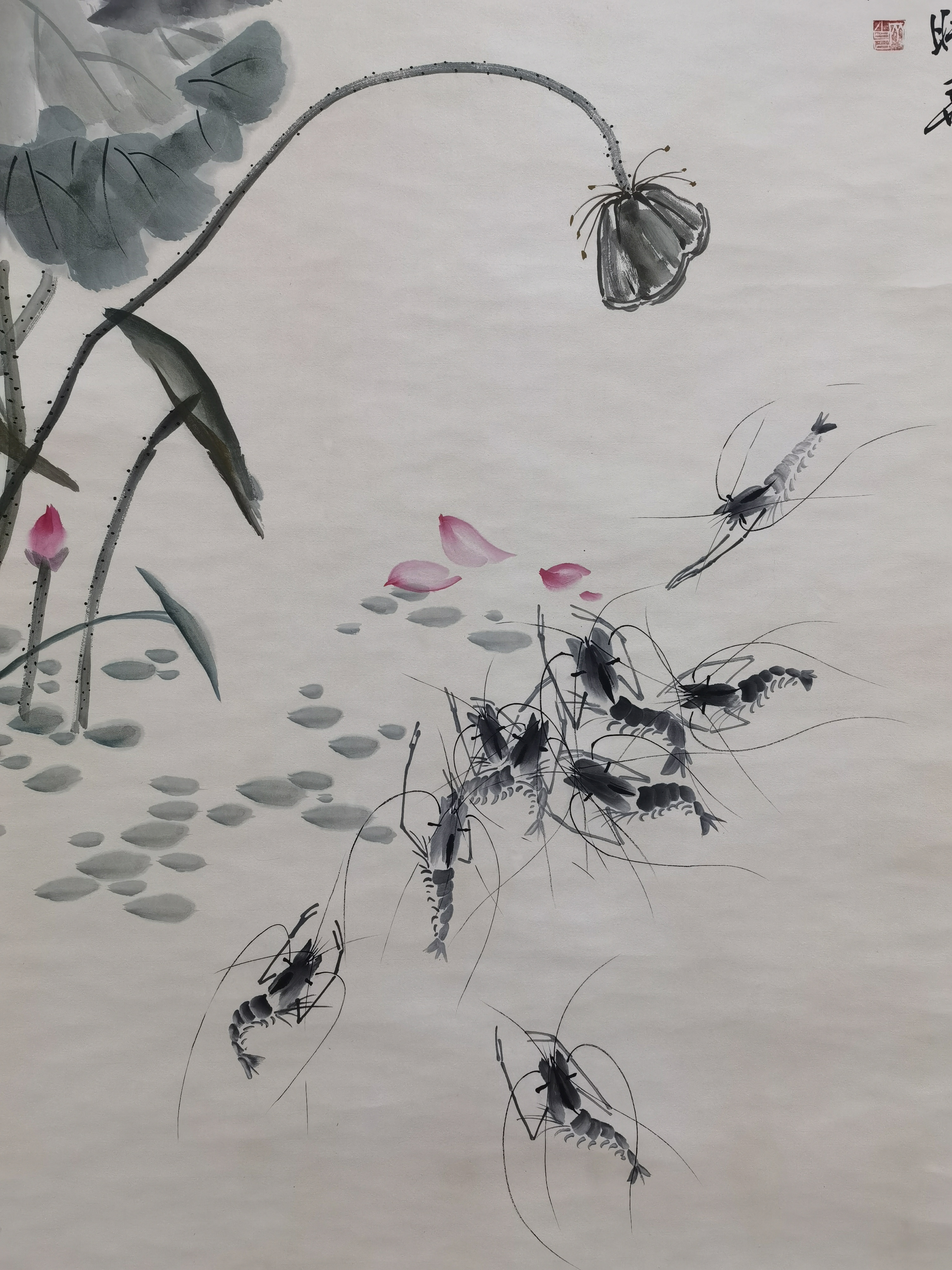 民国·齐白石【荷花虾趣图】:画芯56x136cm,原装老裱.