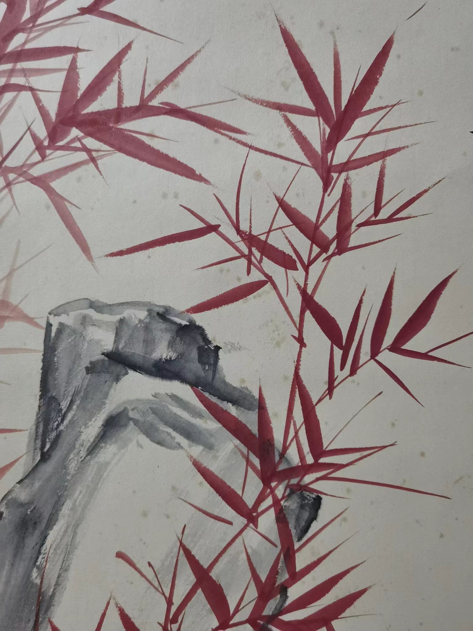 近代61启功【红竹奇石图】:画芯48x98cm,原装老裱.