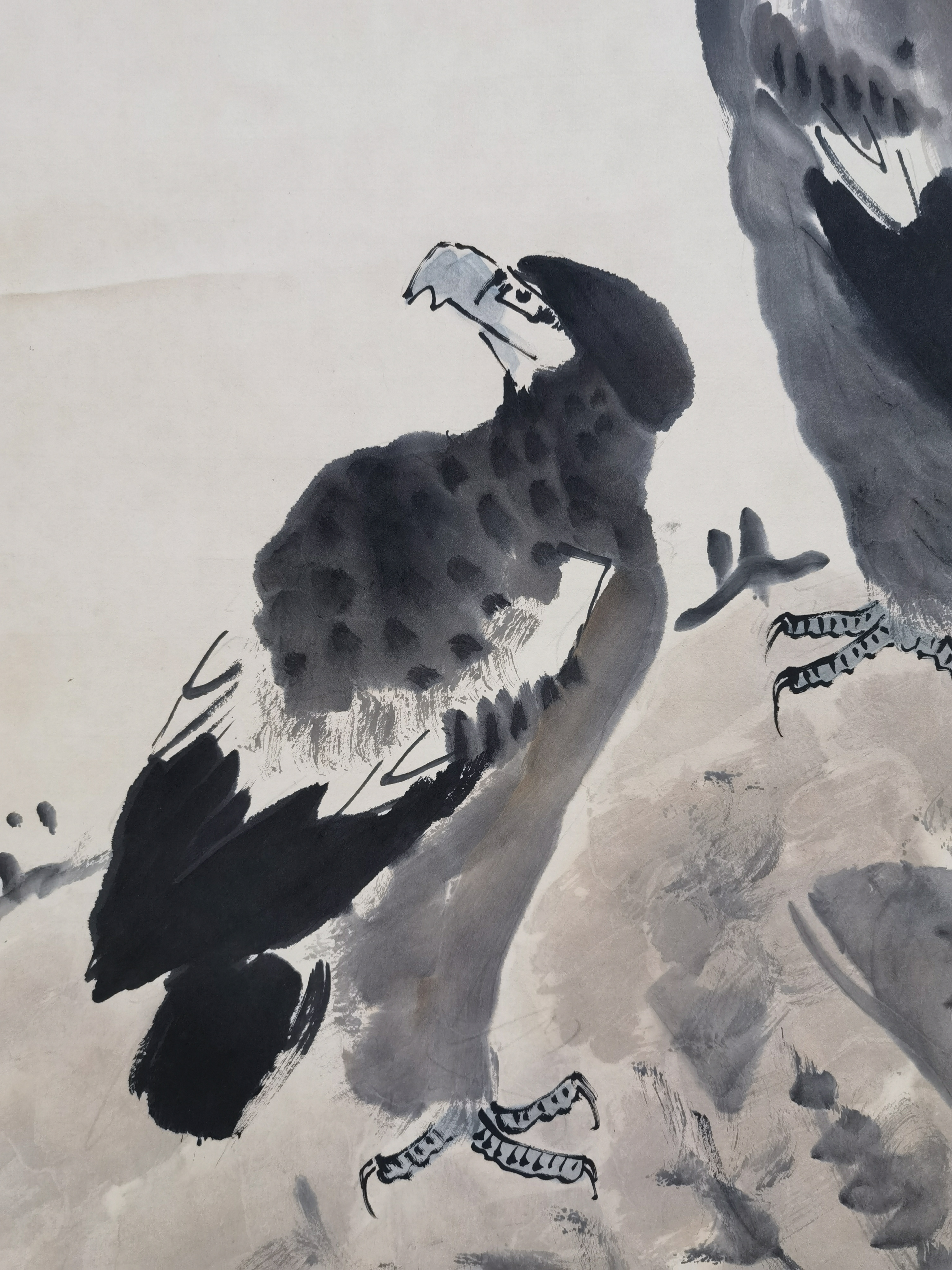 近代61李苦禅【双鹰图】:画芯66x136cm,1980年作品,原装老裱.