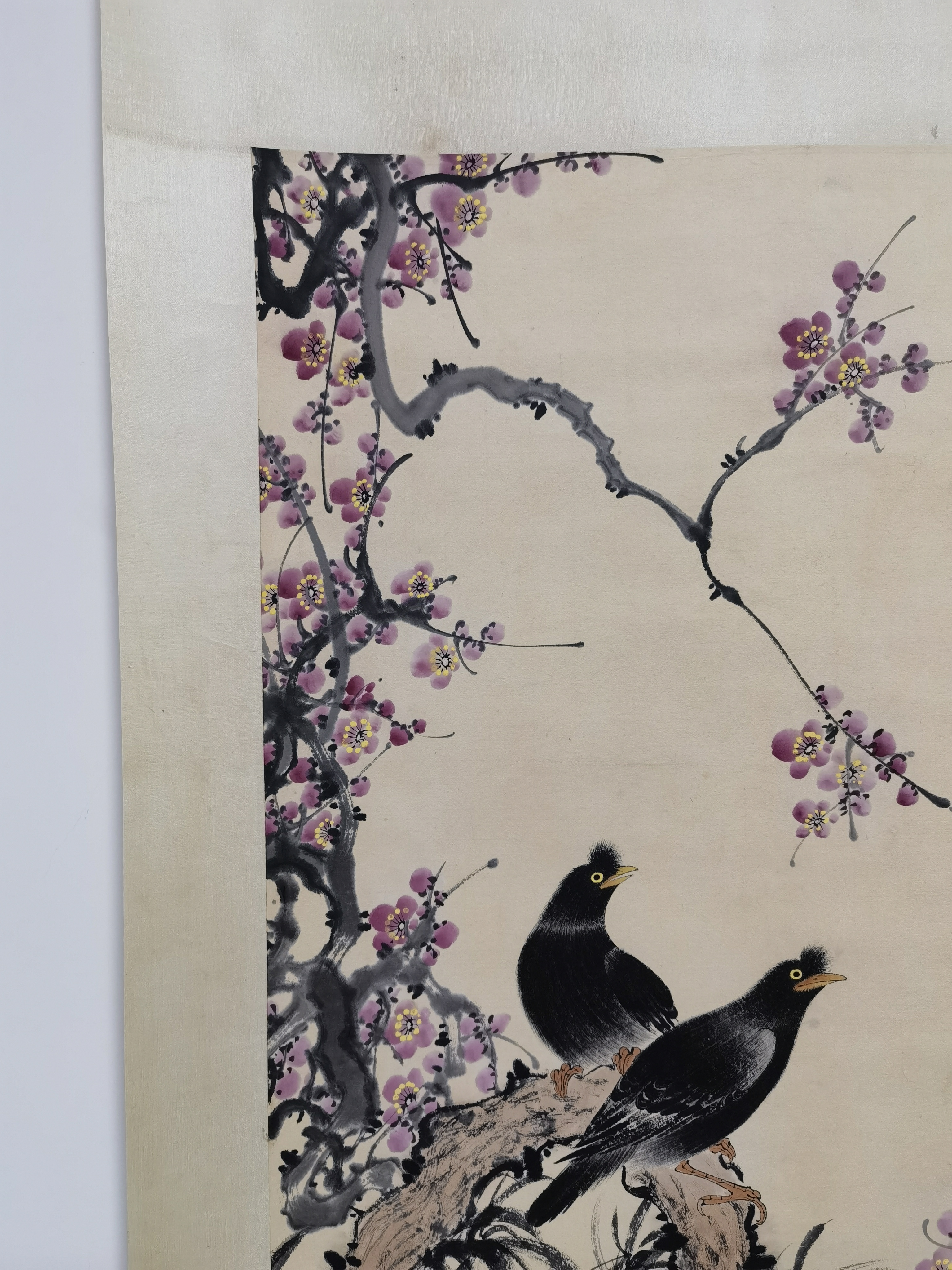 近代61田世光【梅花八哥图】:画芯43x97cm,原装老裱.