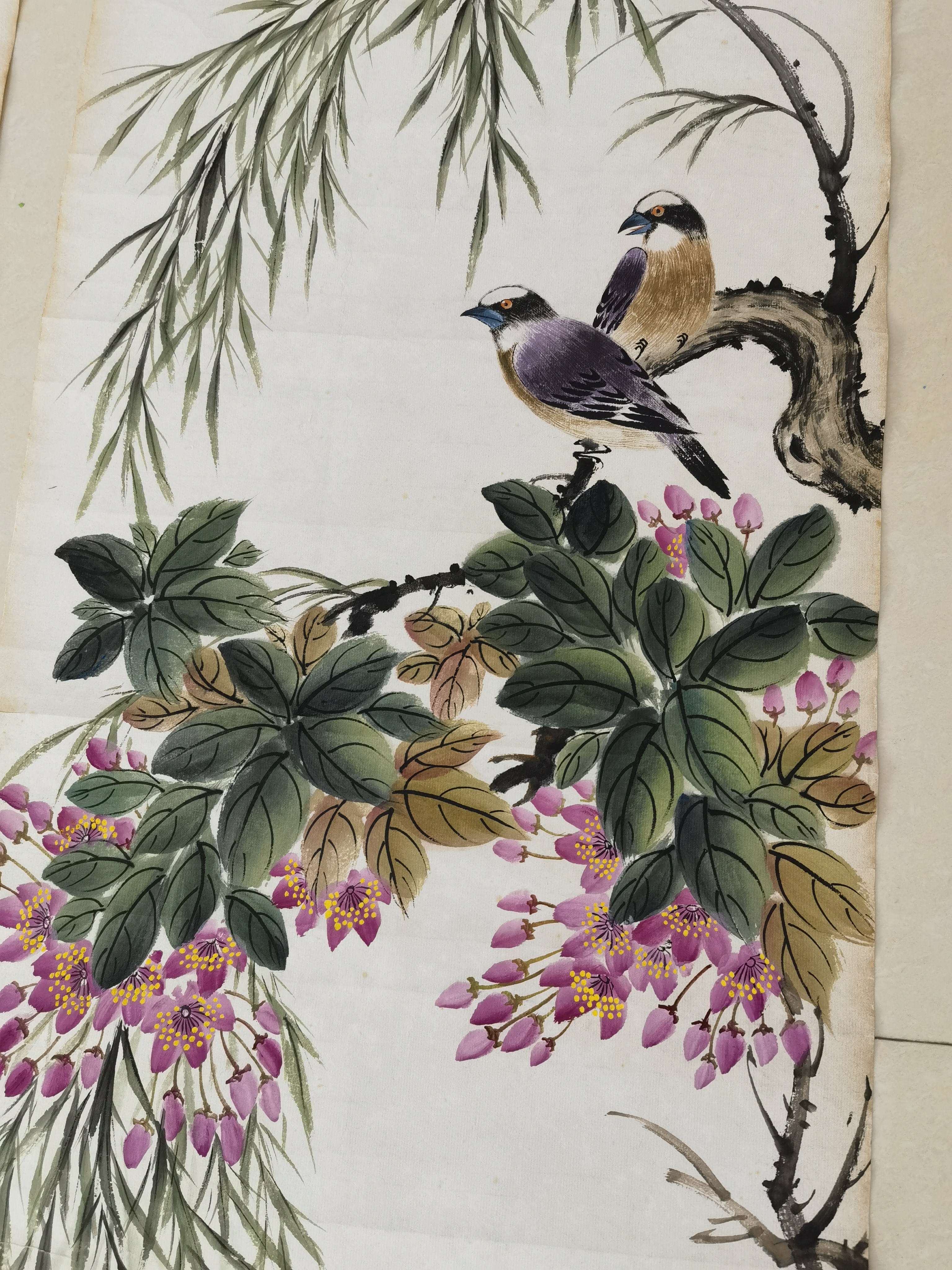 民国61颜伯龙【春意盎然花鸟 四条屏】:画芯35x136cm,老画未裱